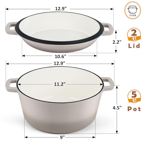TeamFar 5 Quart Dutch Oven, 2 In 1 Enameled Cast Iron Dutch Oven Pot Cookware with Skillet Lid, for Bread Baking Braising Stewing Roasting, Sturdy & Nonstick, Oven Safe & Fit for Induction (Khaki)