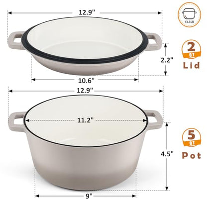 TeamFar 5 Quart Dutch Oven, 2 In 1 Enameled Cast Iron Dutch Oven Pot Cookware with Skillet Lid, for Bread Baking Braising Stewing Roasting, Sturdy & Nonstick, Oven Safe & Fit for Induction (Khaki)