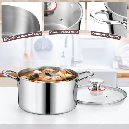 Homikit Cooking Stock Pot with Lid, 5 Quart Heavy Duty Tri-ply 18/10 Stainless Steel Soup Pot for Pasta Vegetable Steaming and Stewing, Induction Compatible & Dishwasher Safe