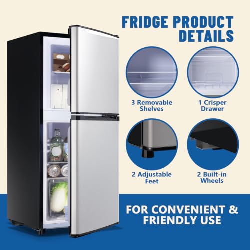 DEMULLER 3.88 CU.FT Capacity Refrigerator with Freezer Double Door Mini Fridge Small Refrigerator with 7 Adjustable Temp Control & 3 Glass Shelves for Kitchen Office Dorm Silver