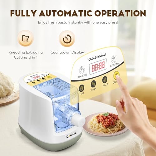 CGOLDENWALL Automatic Pasta Maker Machine Electric, Digital Control with 12 Shape Discs for Homemade Noodles, Spaghetti, Fettucine and Penne, Up to 650g Flour, White, 260w (110V, US Plug)