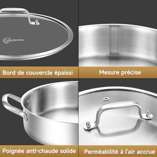 LOLYKITCH 3 Quarts Tri-Ply Stainless Steel Sauté Pan wih Lid,10 Inch Induction Cooking Pot,Dishwasher and Oven Safe,Dia.26 CM