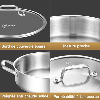 LOLYKITCH 3 Quarts Tri-Ply Stainless Steel Sauté Pan wih Lid,10 Inch Induction Cooking Pot,Dishwasher and Oven Safe,Dia.26 CM