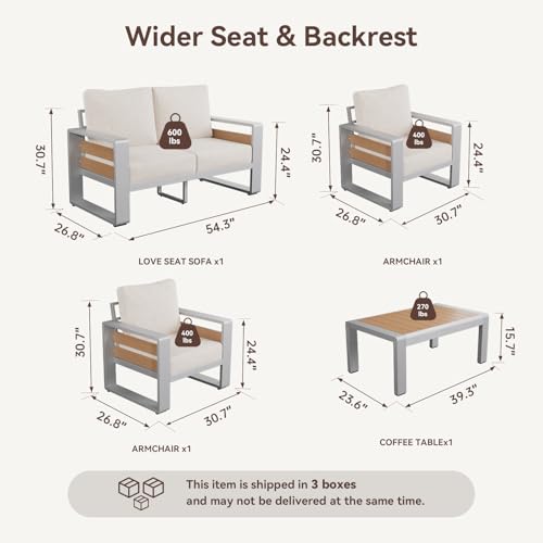Aoxun Aluminum Patio Furniture Set, 4 Seats Luxury Metal Patio Conversation Sets with Coffee Table, Thick Cushions and Waterproof Cover, Sectional Outdoor Furniture Set for Backyard/Poolside, Beige
