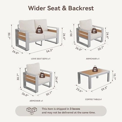 Aoxun Aluminum Patio Furniture Set, 4 Seats Luxury Metal Patio Conversation Sets with Coffee Table, Thick Cushions and Waterproof Cover, Sectional Outdoor Furniture Set for Backyard/Poolside, Beige