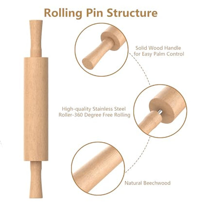 Mepple Classic Wooden Rolling Pin with Handle for Fondant, Pizza, Pies, Cookies, Pastries, Rolling Pin for Baking with 3 Multi-Color Thickness Rings, 17"x2.5" (Include handle) Beechwood Rolling Pin