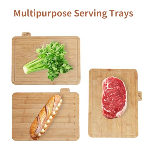 Fiery Chef 12.6"L x 9"W Bamboo Cutting Board Set of 4 - Wood Cutting Board Set with Holder, Chopping Boards Set with Food Icons, Juice Groove - Ideal for Meat, Fish, Bread, Vegetable, Fruit Chopping