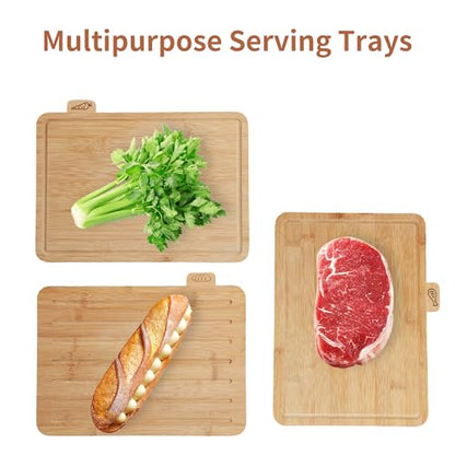 Fiery Chef 12.6"L x 9"W Bamboo Cutting Board Set of 4 - Wood Cutting Board Set with Holder, Chopping Boards Set with Food Icons, Juice Groove - Ideal for Meat, Fish, Bread, Vegetable, Fruit Chopping
