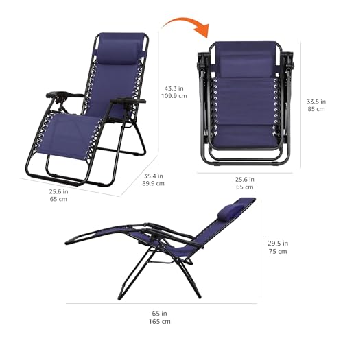 Amazon Basics Outdoor Portable Zero Gravity Reclining Lounge Chair with Headrest Pillow, Textilene, Lightweight, 26", Blue