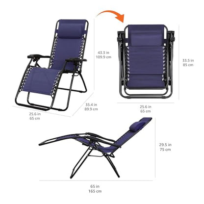 Amazon Basics Outdoor Portable Zero Gravity Reclining Lounge Chair with Headrest Pillow, Textilene, Lightweight, 26", Blue