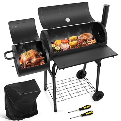 HaSteeL Outdoor Charcoal Grill with Cover, Large Barrel BBQ Grill with Offset Smoker, Great for Camping Patio Backyard Garden Party Picnic Beach, Large 420.SQ.IN Cooking Area, 2 Screwdrivers - Black