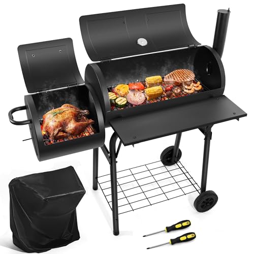 HaSteeL Outdoor Charcoal Grill with Cover, Large Barrel BBQ Grill with Offset Smoker, Great for Camping Patio Backyard Garden Party Picnic Beach, Large 420.SQ.IN Cooking Area, 2 Screwdrivers - Black