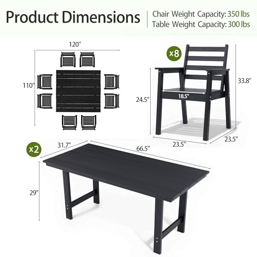 AZXZCS 10-Piece Outdoor Dining Set, All-Weather HDPE Patio Furniture, Two 66.5" Slatted Table with 1.6" Umbrella Hole & 8 Ergonomic Armchairs, Heavy Duty 350lbs Capacity, UV Resistant, Black