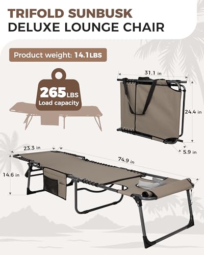 KingCamp Tanning Chair with Face Hole, Lounge Chairs Outdoor Folding Comfy Adjustable 5-Position Lay Flat Foldable Chaise Chaser Lounger for Outside Beach Patio Sun Bathing Pool, Beige