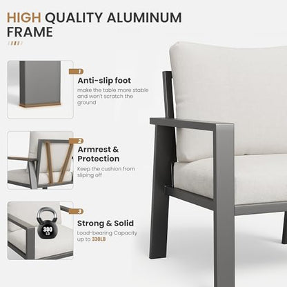 VONZOY Aluminum Patio Furniture Sets Metal Outdoor Furniture Set with Cushion All-Weather Sectional Sofa with Coffee Table for for Backyard, Garden and Poolside Easy Assembly(Beige)