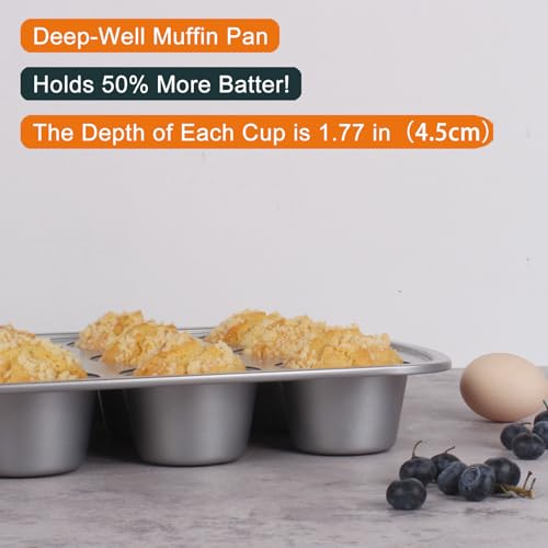 wivplik Deep Well Muffin Pan - 12-Cup 2-Pack, 1.77-Inch Deep Cups (50% More Batter), Heavy Duty Carbon Steel with Nonstick and Non-Toxic Coating, 15.9 x 11.1 Inches