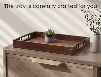 Fibogollo Walnut Wood Serving Tray with Metal Handles,17x12in Ottoman Decorative Trays Platter for Coffee Table,Living Room,Bar(Large)