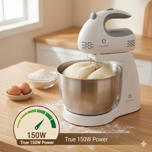 Max Life ML-6638 Electric Stand Mixer, 150W, 5 Speeds, 3.2-Quart Rotating Stainless Steel Bowl, 2 Beaters & 2 Dough Hooks, White