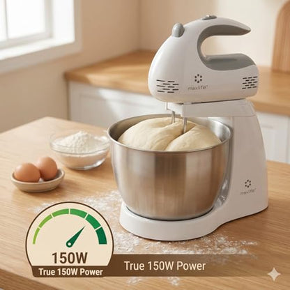 Max Life ML-6638 Electric Stand Mixer, 150W, 5 Speeds, 3.2-Quart Rotating Stainless Steel Bowl, 2 Beaters & 2 Dough Hooks, White