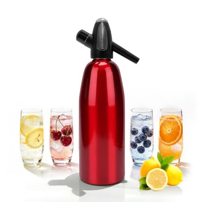Soda Siphon, 1L Portable Seltzer Maker - Retro-Style Sparkling Water Machine for Homemade Carbonated Drinks, Juices & Cocktails, Uses 8g CO2 Cartridges (Cartridges Not Included) - (Red)