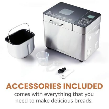 Elite Gourmet Programmable 2-Lb Bread Maker, PFAS Free Ceramic Ceralast™ Pan, Touch Screen Control Panel, 19 Functions, Gluten Free, White, Wheat, Rye & More, 3 Loaf Sizes, Stainless Steel