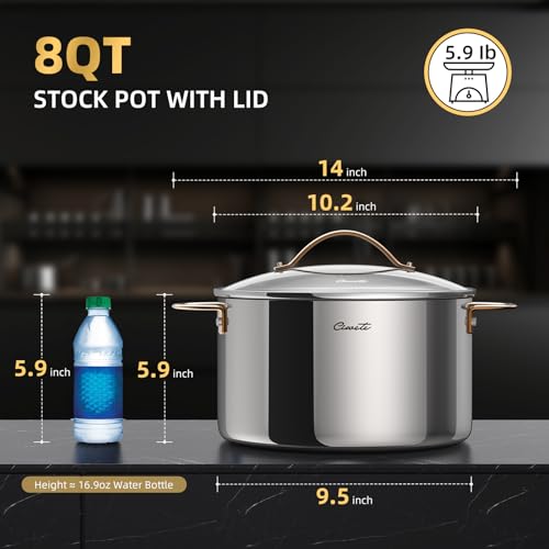 Ciwete 8 Quart Stock Pot with Lid, Upgraded Tri-Ply Stainless Steel Pot, Seamless Soup Pot with Stay-Cool Brass Handle, Healthy Polished Stockpots, Induction Cookware, Oven and Dishwasher Safe