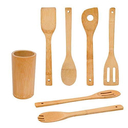 Bamboo Wooden Spoons & Spatulas Set - 6 Pieces Kitchen Cooking Utensils and 1 Holder, Heat Resistant for Non Stick Cookware