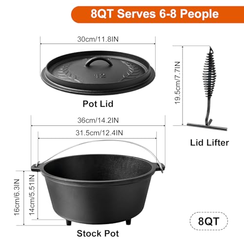 Blingco 8QT Pre-Seasoned Cast Iron Camp Dutch Oven with Lid, Large Camping Dutch Oven Pot, incl. Lid Lifter - Dual Handles - for Outdoor Campfire, Grill, Oven & Stovetop Cooking-Black