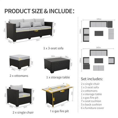 Patio Furniture Set 45 In Outdoor Fire Pits 7 Pieces Outdoor Patio Furniture 60000 BTU Outdoor Propane Fire Pit Table Patio Sofa Outdoor Chairs Anti-slip Cushions Waterproof Covers, Light Grey
