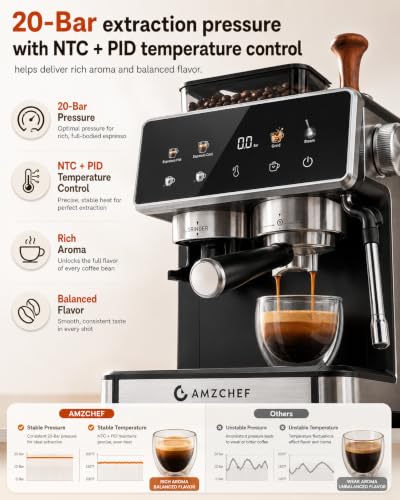 AMZCHEF Espresso Machine with Grinder, 20 Bar, Latte & Cappuccino, Black