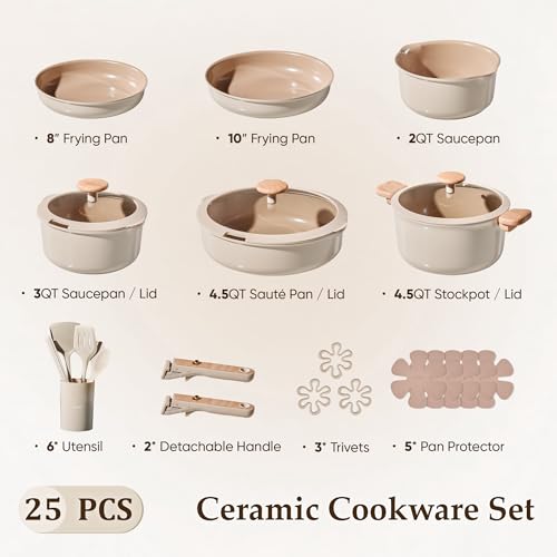 CAROTE 25 Pcs Ceramic Cookware Sets, Pots and Pans Set Non Stick, Detachable Handle, Induction & Oven Safe, Stackable Space - 70% Saving, Cookware Non Stick Cooking Set, Taupe (PFOS, PFOA Free)