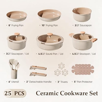 CAROTE 25 Pcs Ceramic Cookware Sets, Pots and Pans Set Non Stick, Detachable Handle, Induction & Oven Safe, Stackable Space - 70% Saving, Cookware Non Stick Cooking Set, Taupe (PFOS, PFOA Free)