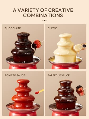 Reemix Electric Chocolate Fondue Fountain Machine - 3-Tier Stainless Steel Cascading Fountain, Easy Assembly & Cleaning, Party/Wedding/Home Dessert Maker, Red