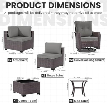 RTDTD 10 Pieces Outdoor Patio Furniture Set,Outdoor Sectional Furniture All Weather PE Rattan Wicker Patio Conversation Set with Coffee Table,Swivel Rocking Chairs Set,Grey