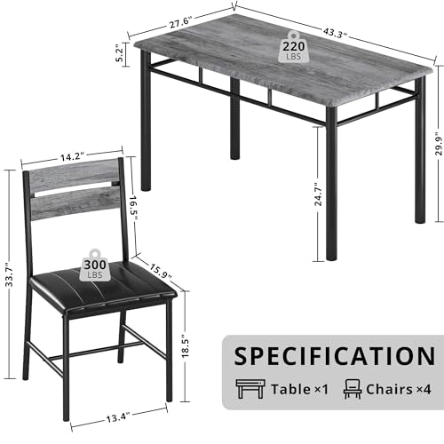 IRONCK Dining Table Set for 4, Wood Kitchen Table with Upholstered Chairs for Kitchen Room and Small Spaces, Grey