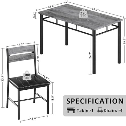 IRONCK Dining Table Set for 4, Wood Kitchen Table with Upholstered Chairs for Kitchen Room and Small Spaces, Grey