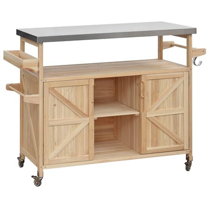 FUvellamo 50.25'' Rolling Outdoor Kitchen Island with Stainless Steel Top and Storage Cabinet, Farmhouse Outdoor Grill Table with Towel Rack for Kitchen BBQ, Natural