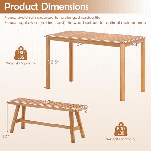 Tangkula 3 Pieces Acacia Wood Patio Dining Set, Outdoor Rectangular Table and Benches with Slatted Seats, Space-Saving Outside Furniture Set for Deck, Lawn, Garden and Backyard