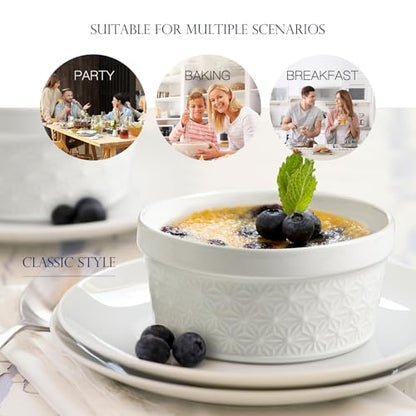 Feenmai 6 Oz Ramekins Oven Safe, Creme Brulee Ramekins Set of 8, Ceramic Souffle Dish, White Porcelain Snowflake Baking Bowls for Dessert, Pie, Tart, Souffles, Appetizers