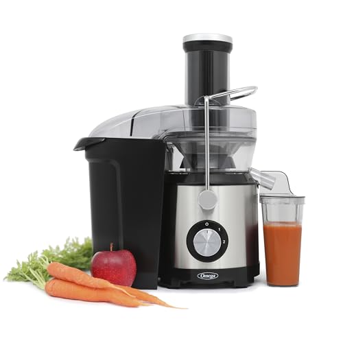 Omega Centrifugal Juicer with 3-Inch Wide Chute High Speed Extractor For Fruits and Vegetables, Features 2 Speeds Stainless Steel Filter and Large Pulp Container, 1000-Watts, Black