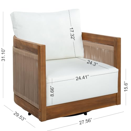Christopher Knight Home Ayla 7-Seater Patio Furniture Set with Coffee Table, Set of 4 Outdoor Swivel Accent Chair and Sofa Set, 5 Piece Outdoor Acacia Wood Conversation Set with Cushion, Teak+Beige