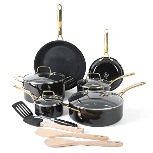 Martha Stewart Lockton 14 Piece Premium Non-Stick Heavy-Gauge Aluminum Cookware Combo Set (Pots, Pans, and Tools) - Black w/Gold Handles
