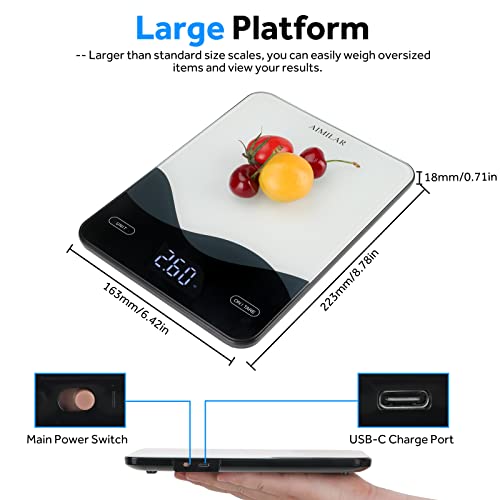 AIMILAR Digital Kitchen Scale 22lb/10kg USB-C Rechargeable, Tempered Glass Top Easy Clean, LED Touch Screen No Buttons, Auto Shut Off
