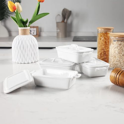 jinsongdafa Ceramic Mini Rectangular Cocotte Set, 2.37 Ounces Small Casserole Dishes with Lids and Handles Set of 4, Individual Baking Ramekins, Oven, Microwave & Dishwasher Safe (White, 6.1 Inch)