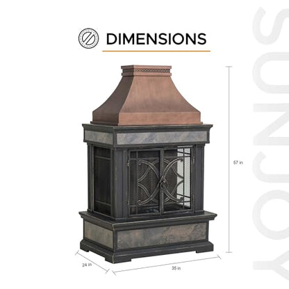 Sunjoy Outdoor Fireplace, Stone Look Tile Patio Wood Burning Steel Fireplace with Chimney, Spark Screen, Fire Poker, Rain Cover, and Removable Grate, Copper with Gray Tile
