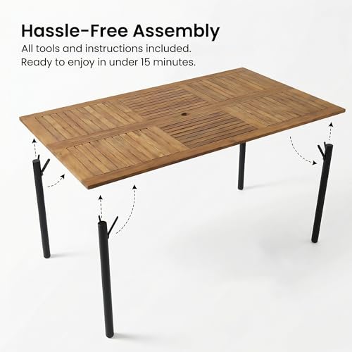 Greesum Acacia Wood Patio Outdoor Dining Table, 63" L x 36" W x 30" H Outdoor Table with Umbrella Hole and Sturdy Metal Legs for Garden, Patio, Backyard
