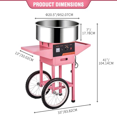 Commercial Cotton Candy Machine, 1000W Electric Floss Maker, Cotton Candy Machine With Stainless Steel Sugar Scoop And Drawer, For Carnival, Kids Birthday, Family Party,Pink W/Cart