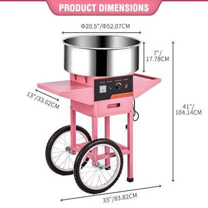 Commercial Cotton Candy Machine, 1000W Electric Floss Maker, Cotton Candy Machine With Stainless Steel Sugar Scoop And Drawer, For Carnival, Kids Birthday, Family Party,Pink W/Cart