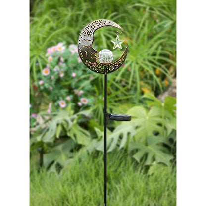 Hapjoy Solar Lights Outdoor Decor Moon Lantern for Patio,Lawn or Pathway Moon Decorations Crackle Glass Globe Stake Metal Lights Waterproof Warm LED Garden Gifts (Bronze)