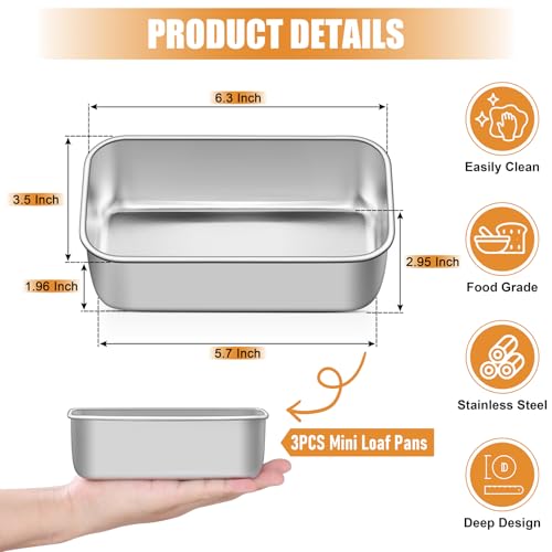 P&P CHEF Mini Loaf Pans Set, 3 PCS Small Bread Loaf Pan for Baking, 6.3 x 3.5 Inch Stainless Steel Baking Pans for Homemade Bread, Meatloaf, Cake and Brownies, Healthy & Non Toxic, Dishwasher Safe